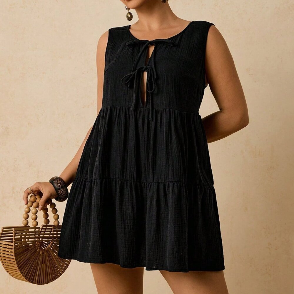 Black Cute Women's Plus Size Cotton Sleeveless Tie Front Mini Dress